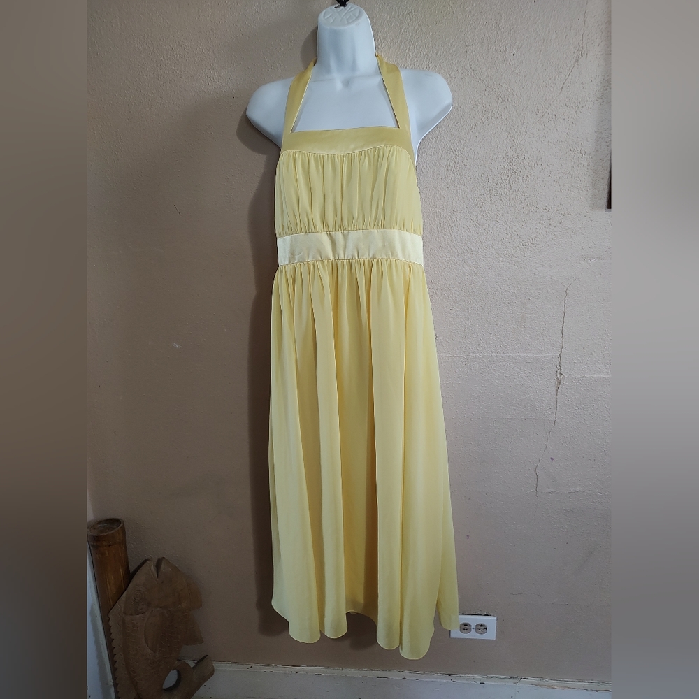 Sunflower Yellow Chiffon Pleated Halter Top Cocktail Formal After Six SZ 8 Large